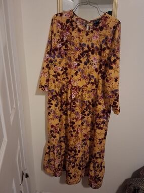 Floral Mustard Midi Dress with Long Sleeves